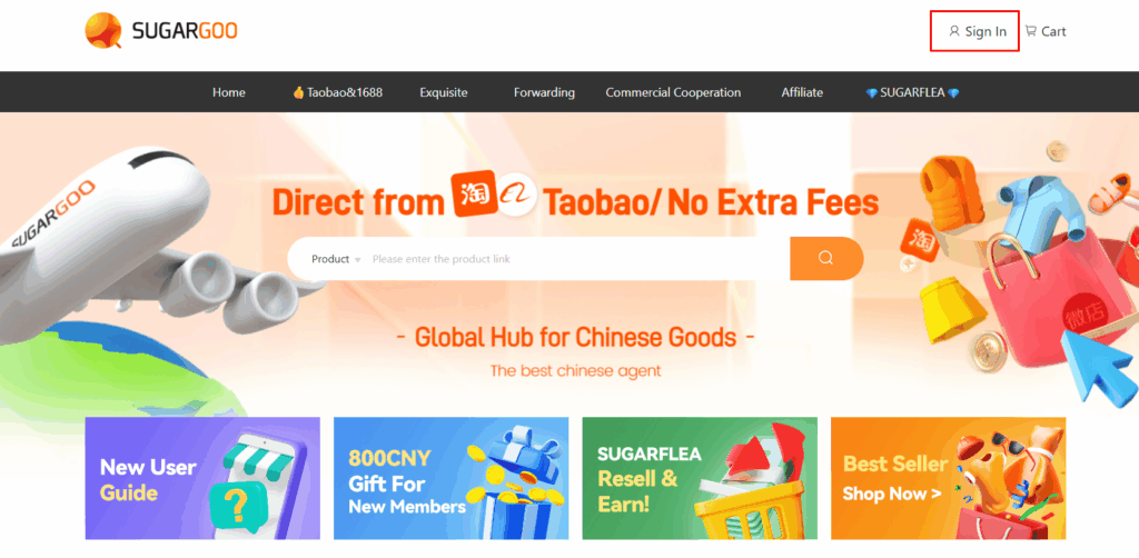 Sugargoo homepage with Sign In button highlighted