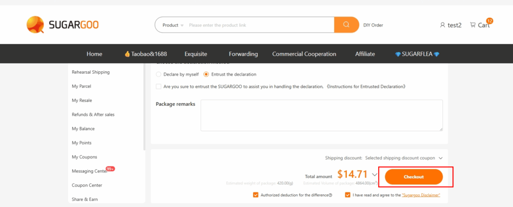 Sugargoo checkout page showing customs declaration options, package remarks, and Checkout button highlighted