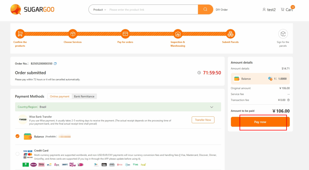 Sugargoo order submitted page with payment methods and Pay Now button highlighted