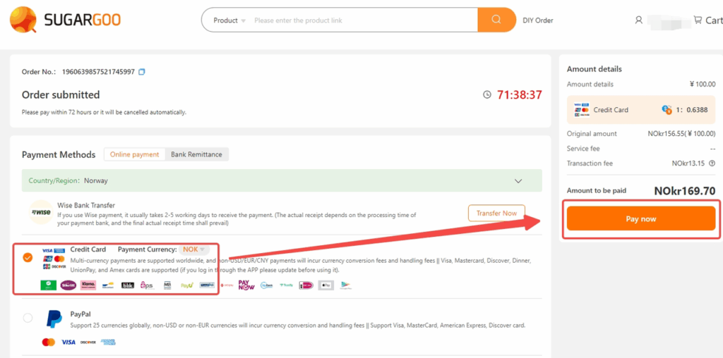 Sugargoo checkout page showing credit card selected and Pay Now button highlighted