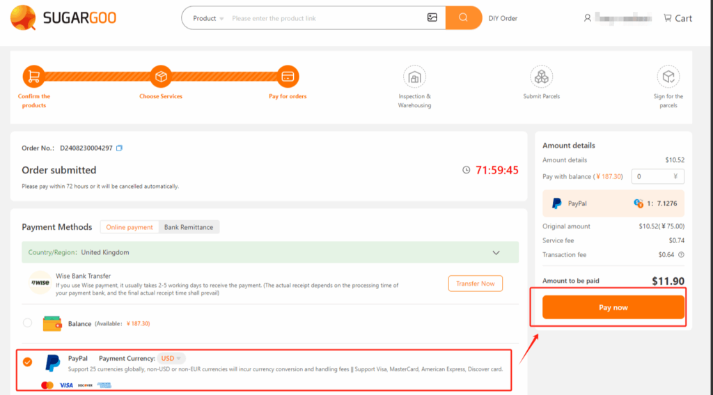 Sugargoo payment page with PayPal selected and Pay Now option