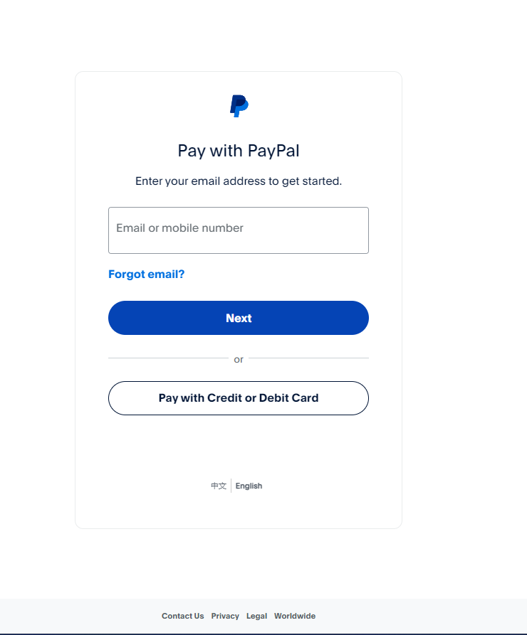PayPal login screen for entering email or mobile number to complete payment
