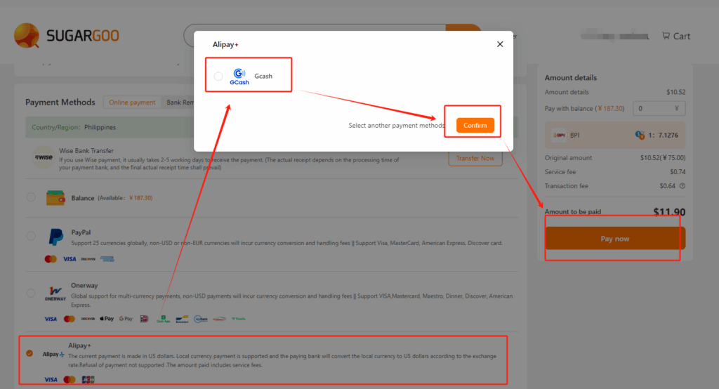 Sugargoo checkout showing Alipay Plus with GCash option and Confirm button
