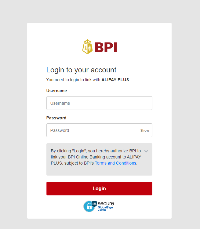 BPI online banking login screen for completing Alipay Plus payment