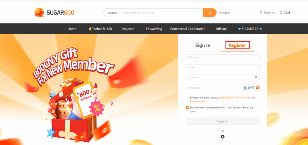 Sugargoo registration page with Register option and form fields