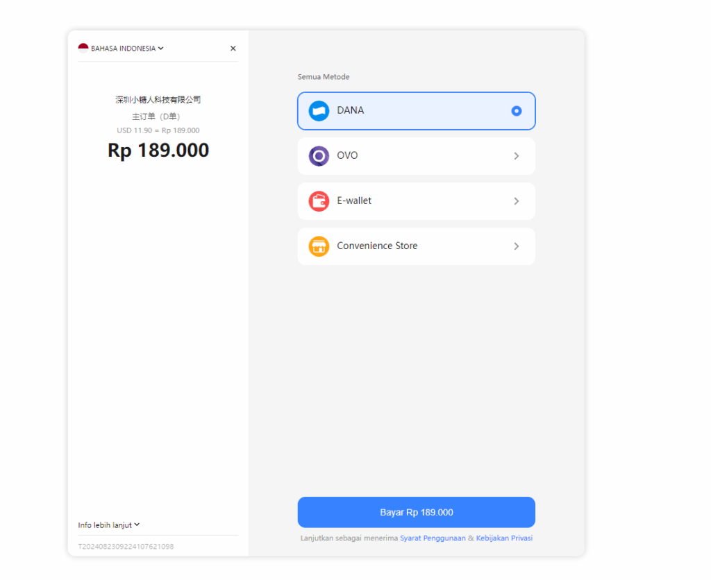 Payermax checkout screen with DANA, OVO, e-wallet, and convenience store payment options