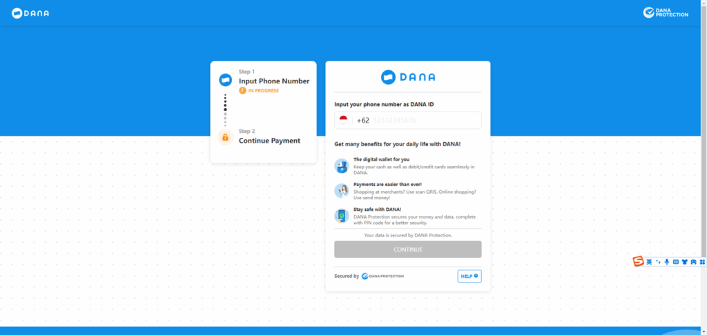 DANA payment login page asking for phone number and verification to complete payment