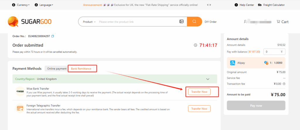 Sugargoo checkout page with Bank Remittance options including Wise Bank Transfer and Telegraphic Transfer