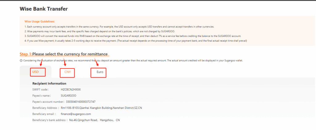 Sugargoo Wise Bank Transfer page showing currency options USD, CNY, and Euro with recipient information