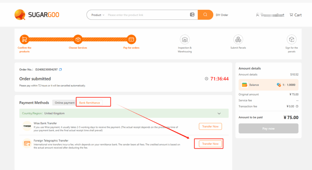 Sugargoo checkout screen with Bank Remittance options Wise Bank Transfer and Foreign Telegraphic Transfer