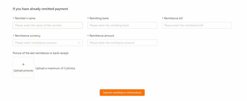 Sugargoo remittance form to enter sender name, bank, currency, amount, upload receipt, and submit