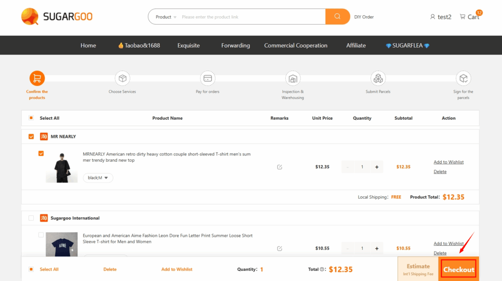 Sugargoo shopping cart page with products selected and Checkout button