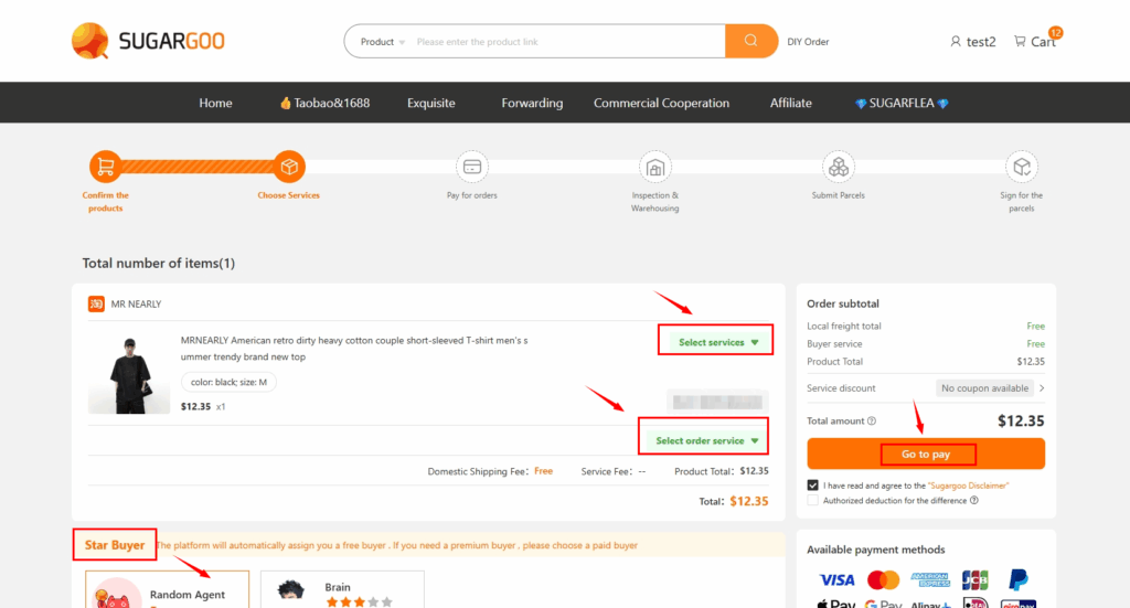 Sugargoo order confirmation page with service options, Star Buyer, and Go to Pay button
