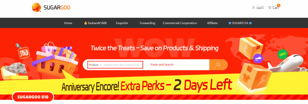 Paste Taobao, JD, or 1688 product link into Sugargoo search bar