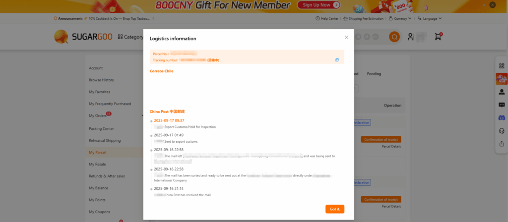 Sugargoo logistics information pop-up window displaying parcel number, tracking number, and detailed shipping status updates.