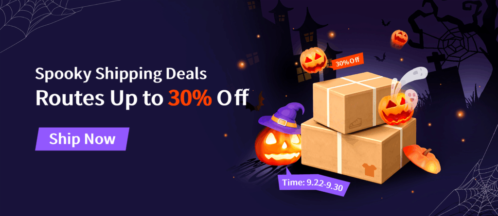 Sugargoo Halloween Spooky Shipping Deals – Routes up to 30% off, valid from September 22 to September 30. Illustration of packages, pumpkins, and Halloween decorations.
