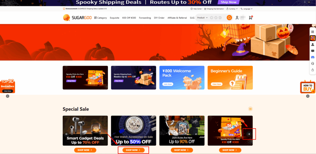 Sugargoo homepage Special Sale — click arrow to switch and SHOP NOW to enter Watch Accessories zone.