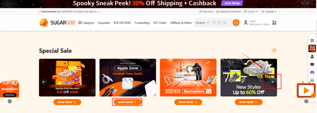 Sugargoo homepage Special Sale with arrow to switch banners; Apple Zone appears with SHOP NOW button.