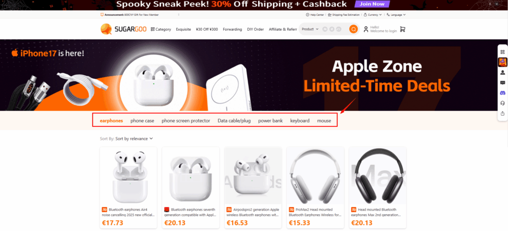 Sugargoo Apple Zone deals page showing iPhone accessories categories and earphones list.