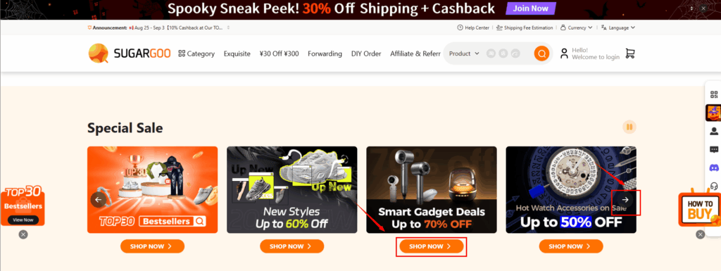Sugargoo homepage Special Sale with arrow to switch banners; Smart Gadget Deals appears with SHOP NOW button.