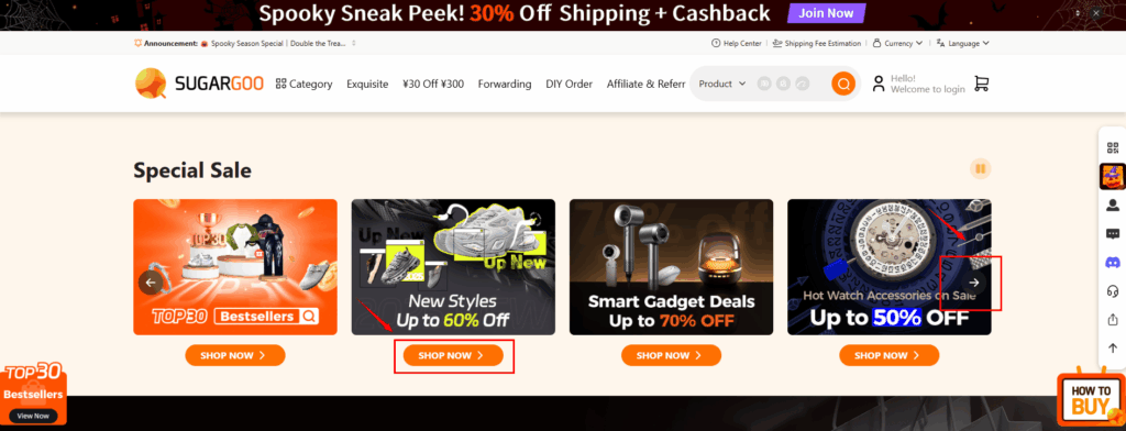Sugargoo homepage Special Sale with arrow to switch banners; New Styles Up to 60% Off appears with SHOP NOW button.
