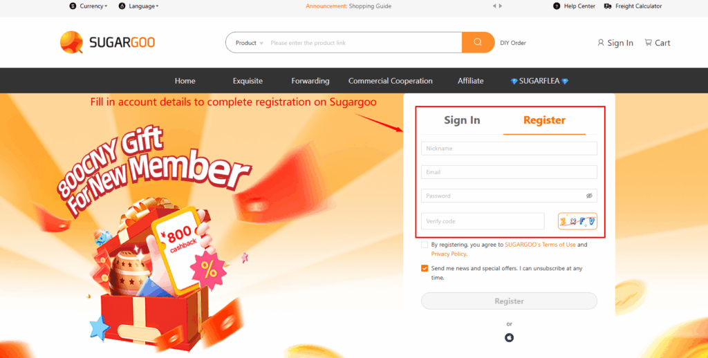 Fill in account details to complete registration on Sugargoo and claim the ¥800 new member gift