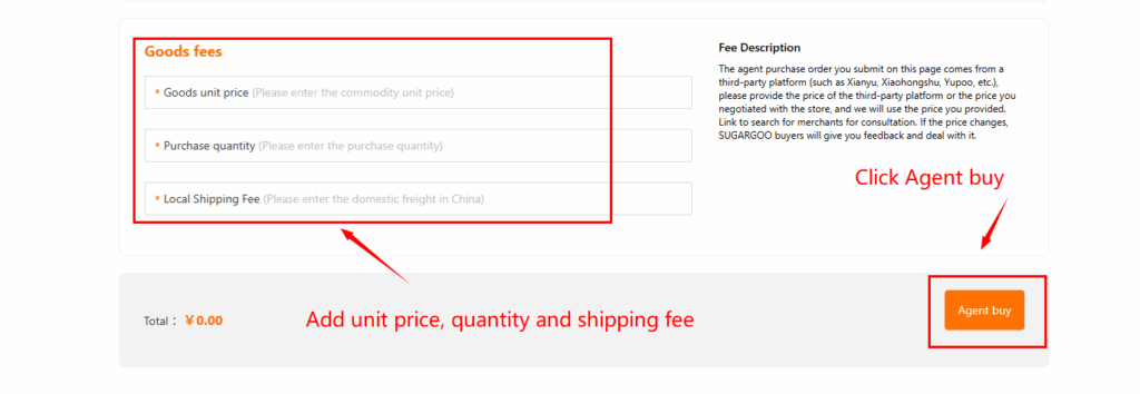 DIY Order page fields for entering unit price, purchase quantity, and local shipping fee before clicking Agent Buy