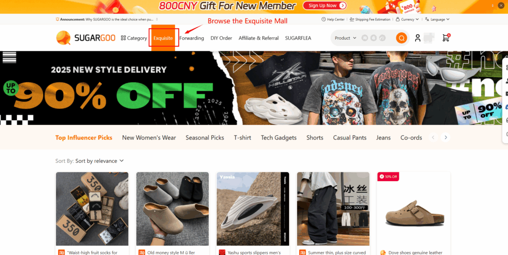 Sugargoo Exquisite Mall page with product categories such as Women’s Wear, Tech Gadgets, and Casual Pants