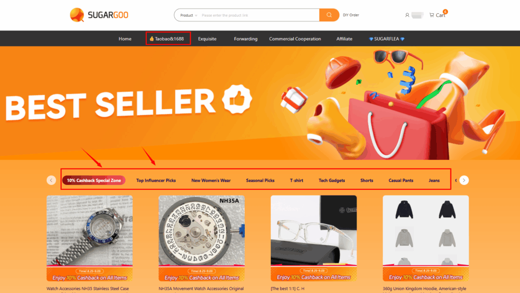 Sugargoo Taobao&1688 portal with categories, discounts, and influencer picks