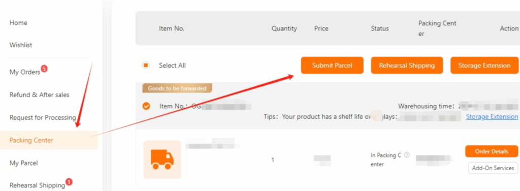 Screenshot of the Sugargoo “Packing Center” page, where users select items, submit parcels, and choose to apply coupons before payment.
