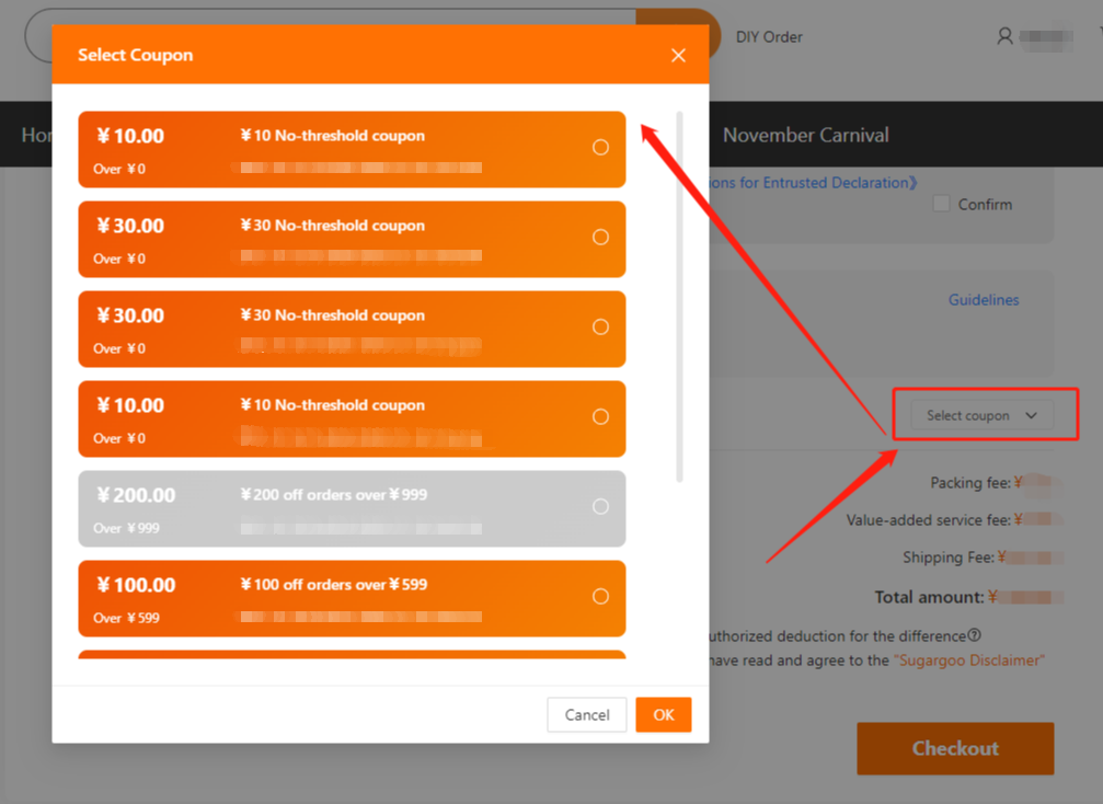 Screenshot of the Sugargoo checkout screen with the “Select Coupon” pop-up window, allowing users to pick and apply different shipping coupons.