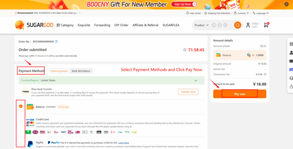 Sugargoo payment methods page showing balance, credit card, and PayPal options with “Pay Now” button.