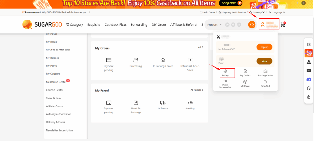 Sugargoo user dashboard showing the dropdown menu with options such as Setting, My Orders, My Parcel, and Sign Out.