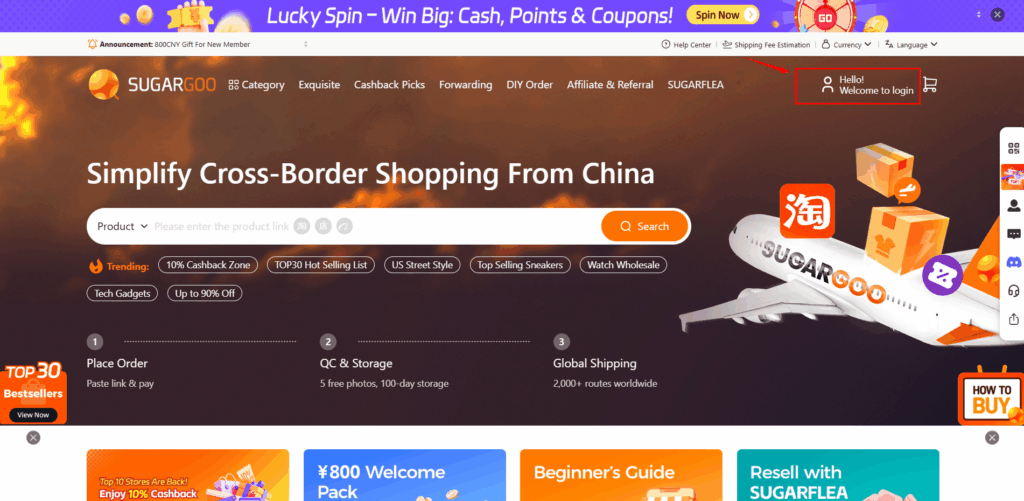 Sugargoo homepage showing the top right corner login button labeled ‘Hello! Welcome to login’.
