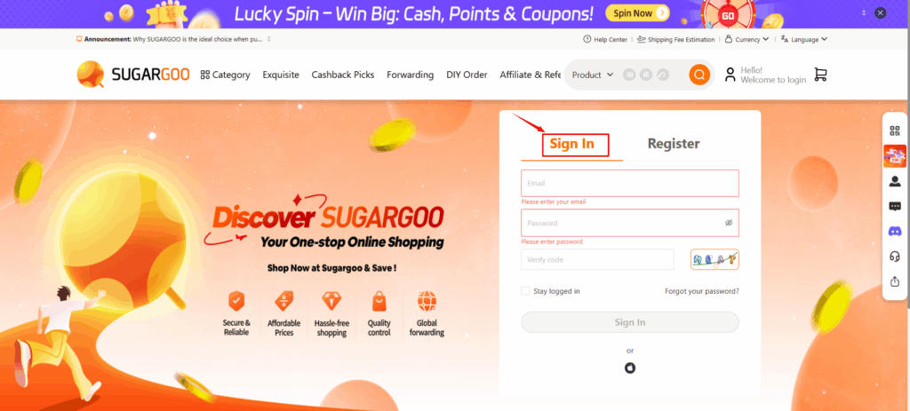 Sugargoo sign-in page where users can enter email, password, and verification code to log in.