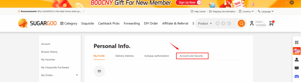 Sugargoo personal info section highlighting the Account and Security tab for account management.
