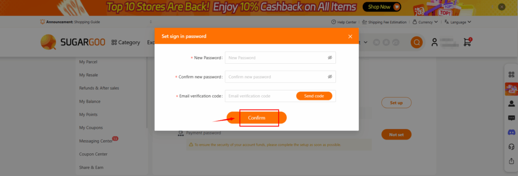 Sugargoo password reset window showing fields for new password, confirm password, and email verification code with a Confirm button.