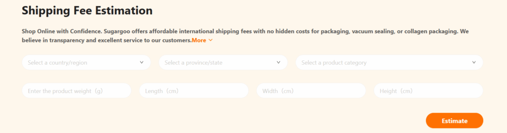 Sugargoo shipping fee estimation calculator with empty fields for country, province, product category, weight, and dimensions