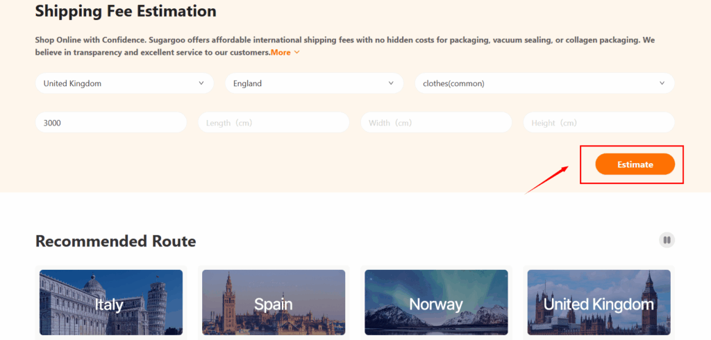 Sugargoo shipping fee estimation form filled with United Kingdom, England, 3000g clothes, with orange Estimate button highlighted