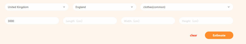 Sugargoo shipping fee calculator filled with United Kingdom, England, 3000g clothes, ready to estimate shipping cost