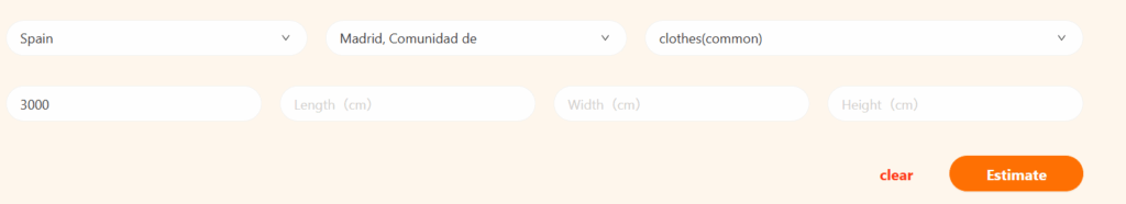 Sugargoo shipping fee calculator filled with Spain, Madrid, 3000g clothes, ready to estimate shipping cost