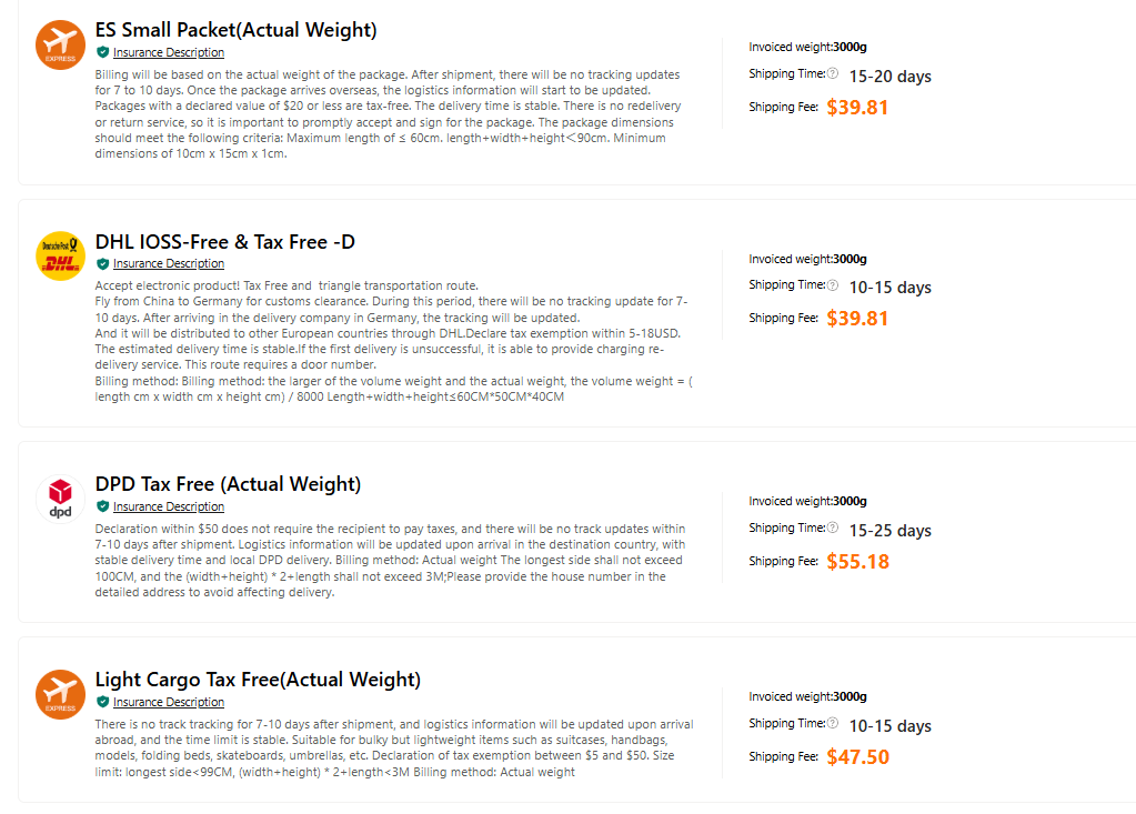 Sugargoo shipping options for Spain showing ES Small Packet, DHL IOSS, DPD Tax Free, and Light Cargo routes with prices and delivery times