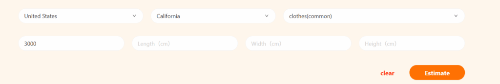 Sugargoo shipping fee calculator filled with United States, California, 3000g clothes, ready to estimate shipping cost