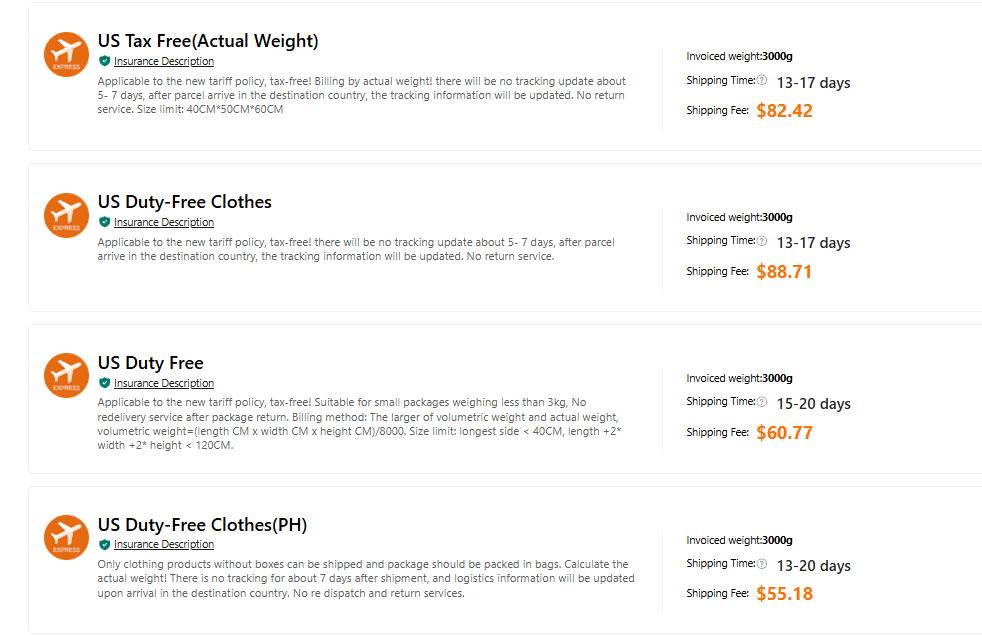 Sugargoo shipping options for United States showing Tax Free, Duty-Free Clothes, Duty Free, and Duty-Free Clothes PH routes with prices and delivery times