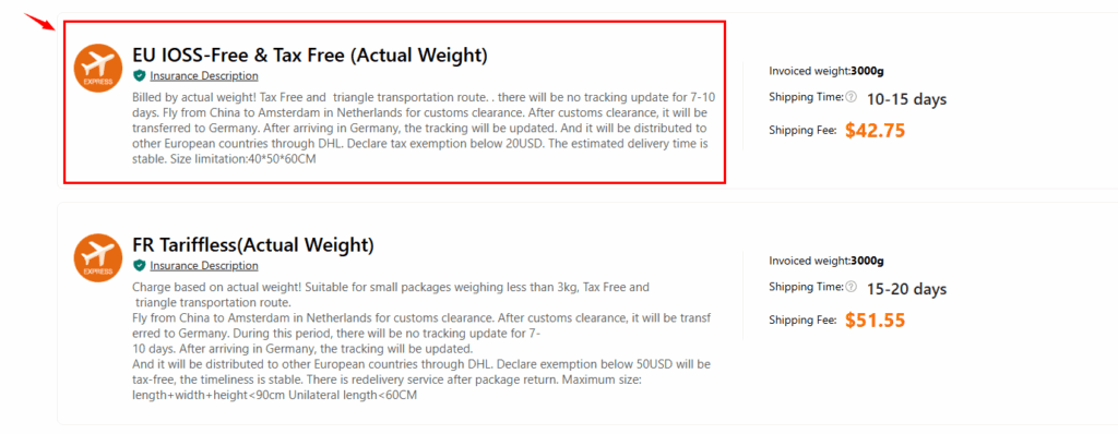 Sugargoo shipping option EU IOSS-Free & Tax Free for France, highlighted with shipping cost $42.75 and 10-15 days delivery