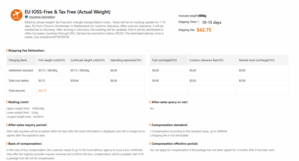 Sugargoo route details for EU IOSS-Free & Tax Free to France showing cost breakdown, mailing limit, after-sales query policy, and compensation rules