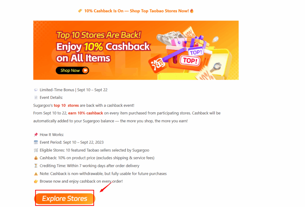 Sugargoo 10% Cashback Event banner – Top 10 Stores Are Back, Enjoy 10% Cashback on All Items, Sept 10 – Sept 22.