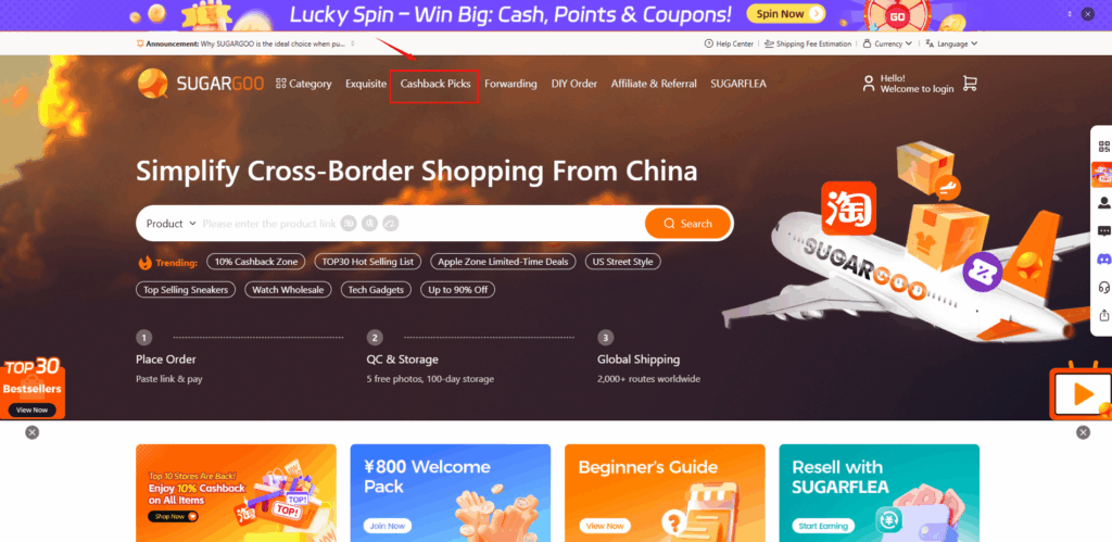 Sugargoo homepage Cashback Picks section showing featured Taobao stores with 10% cashback promotion.