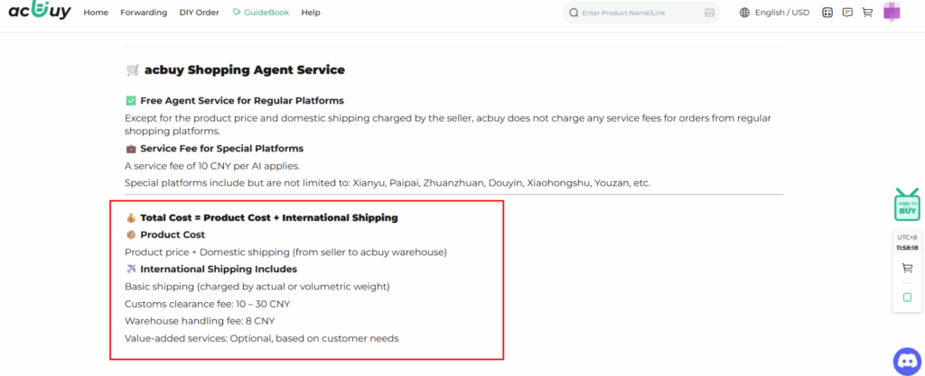 ACBuy shopping agent service fee breakdown