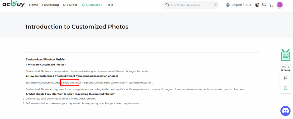 ACBuy customized photos guide showing standard inspection includes 3 basic photos